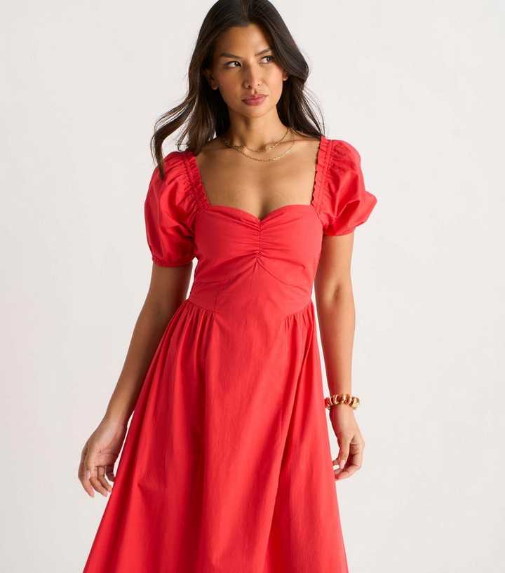 Gini London Bright Red Puff Sleeves Midi Dress | New Look