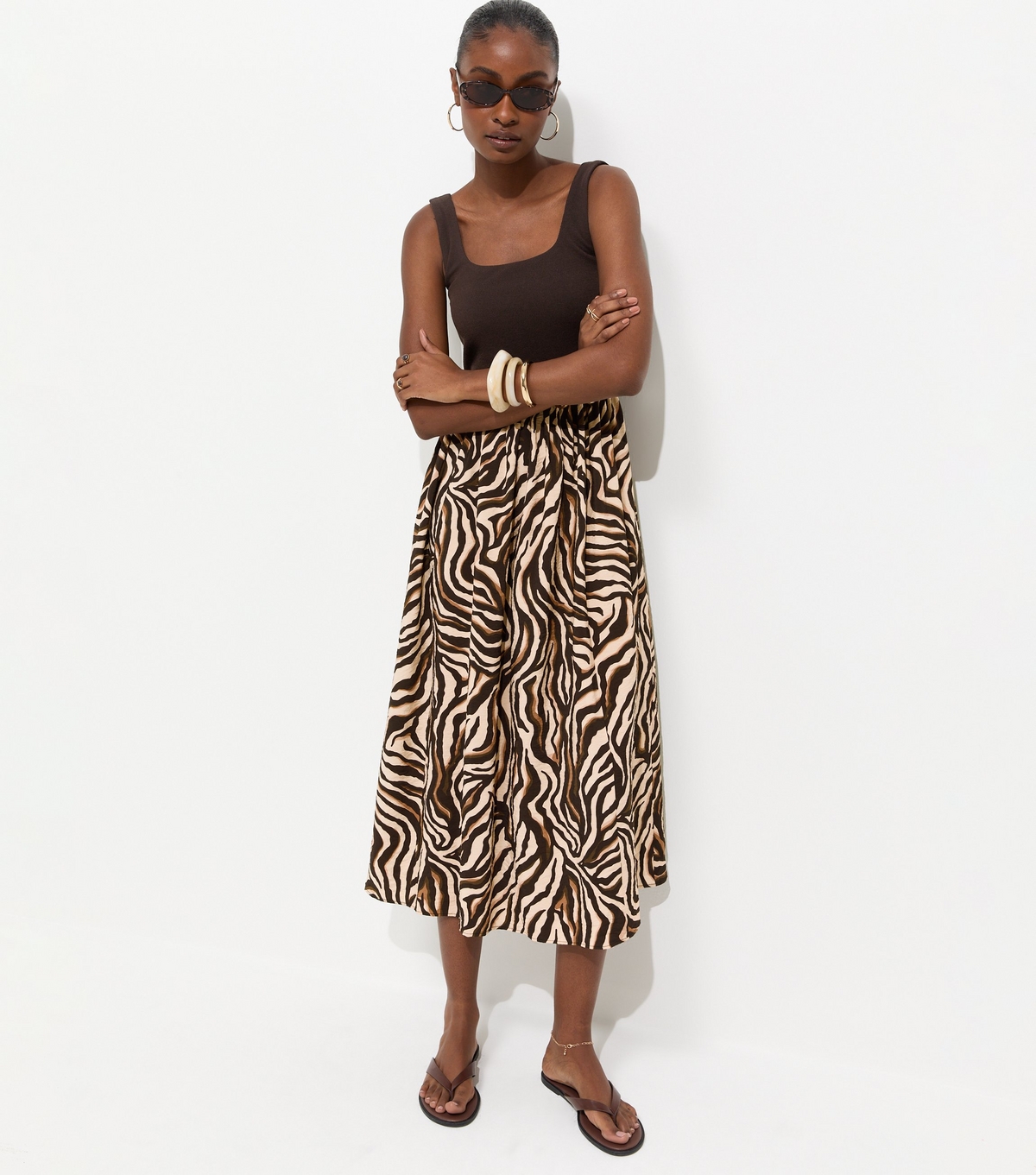 Women's Brown 2 In 1 Zebra Hybrid Midi Dress New Look