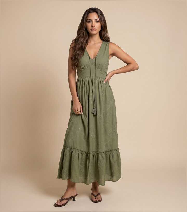 Urban Bliss Light Khaki Embroidered Tassel Maxi Dress