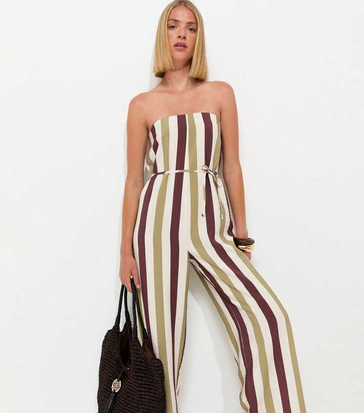 Cream Striped Bandeau Wide Leg Jumpsuit
