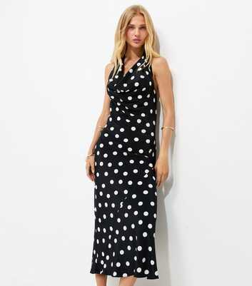 Black Satin Polka Dot Cowl Halterneck Midi Dress