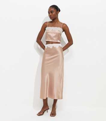 Camel Lace Waist Satin Midi Skirt