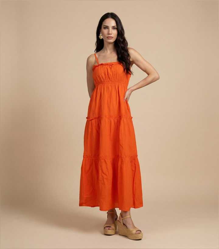 Urban Bliss Bright Orange Cotton Ruched Tiered Maxi Dress