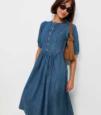 Blue Denim Press Stud Short Sleeve Midi Dress