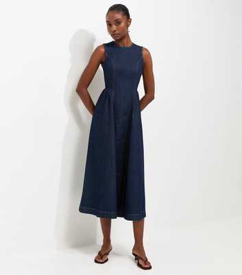 Navy Cotton Sleeveless Denim Midi Dress