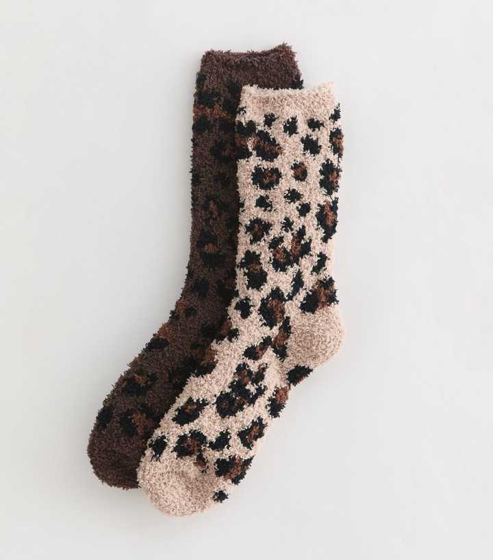 Pack of 2 Brown Leopard Print Cosy Knit Ankle Socks