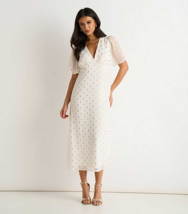 Gini London White V-Neck Foiled Midi Dress