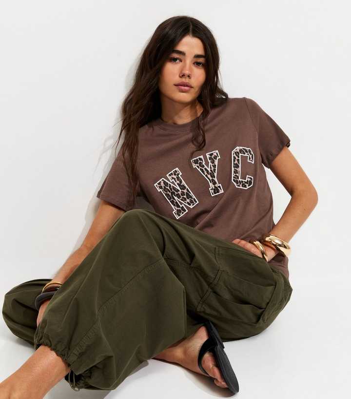 Dark Brown Cotton Leopard Print NYC Logo T-Shirt