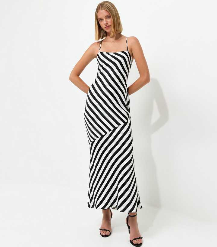 Black Satin Diagonal Stripe Slip Midi Dress