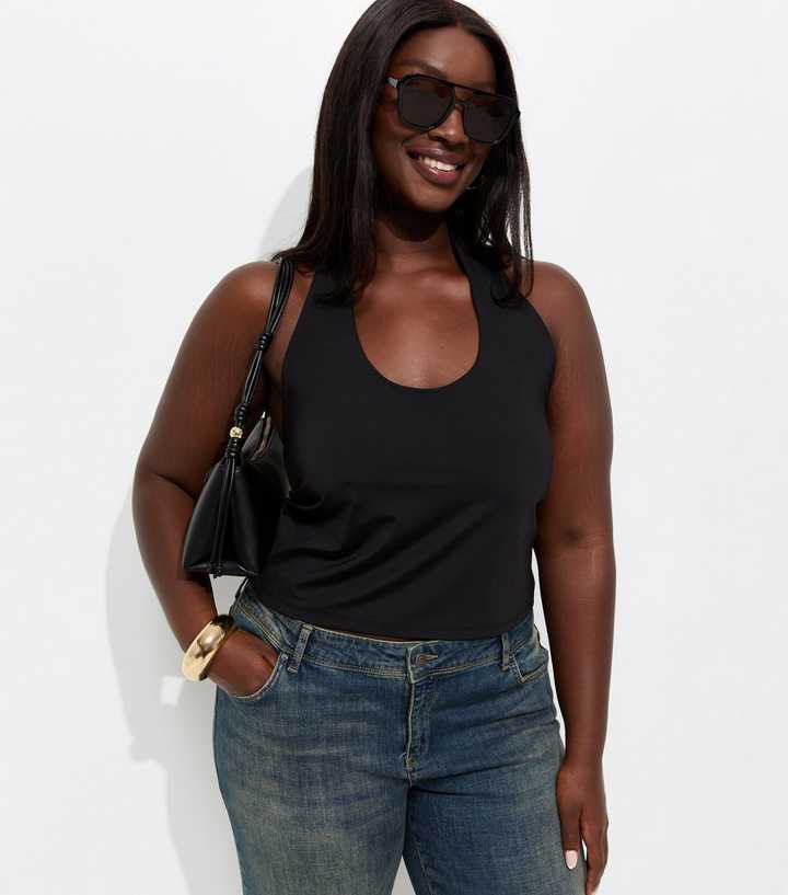 Curves Black Jersey Halter Neck Vest Top