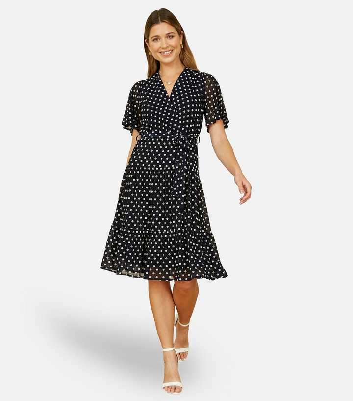 Yumi Navy Dot Print Flutter Sleeve Midi Dress