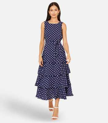 Yumi Navy Spot Print Tiered Midi Dress