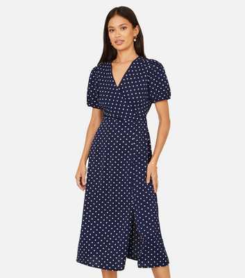 Yumi Navy Spot Wrap Midi Tea Dress