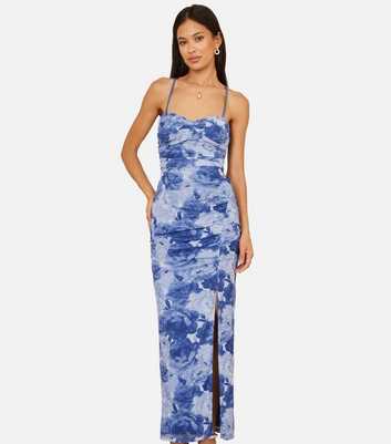 Yumi Blue Mesh Ruched Midi Dress