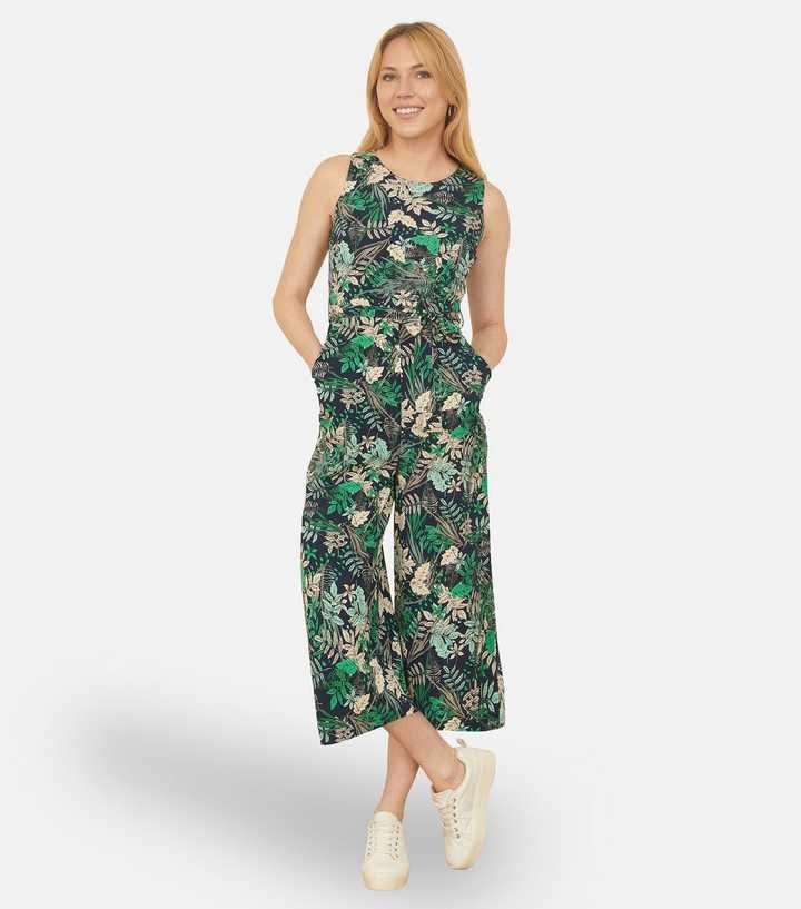 Yumi Green Leaf Print Culotte Jumpsuit