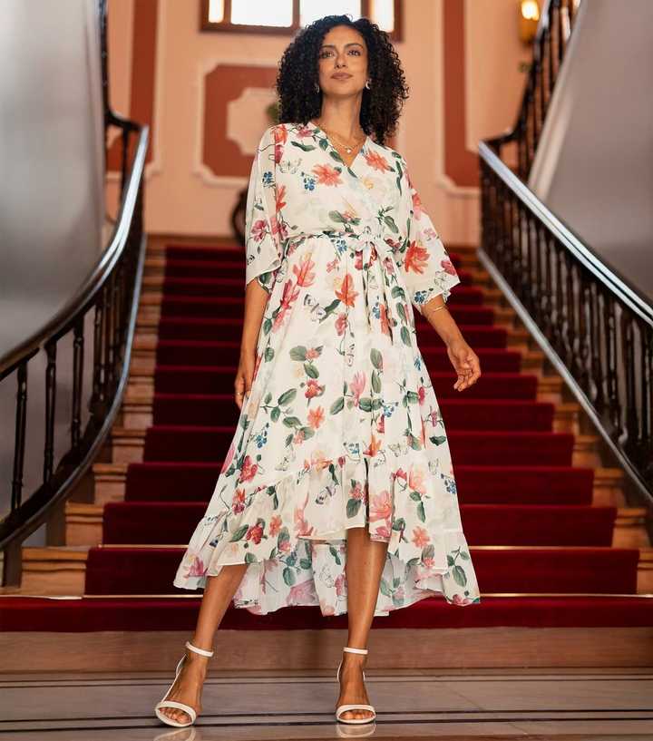 Yumi Off White Floral Print Wrap Dress