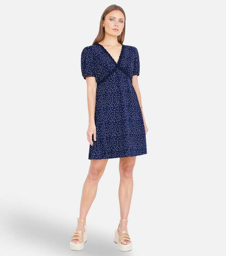 Yumi Navy Spot Print Lace Trim Mini Dress