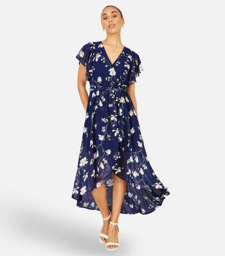 Yumi Navy Floral Print Wrap Midi Dress