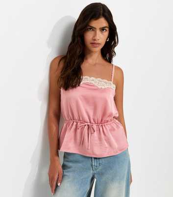 Pink Satin Lace Trim Tie Waist Cami Top