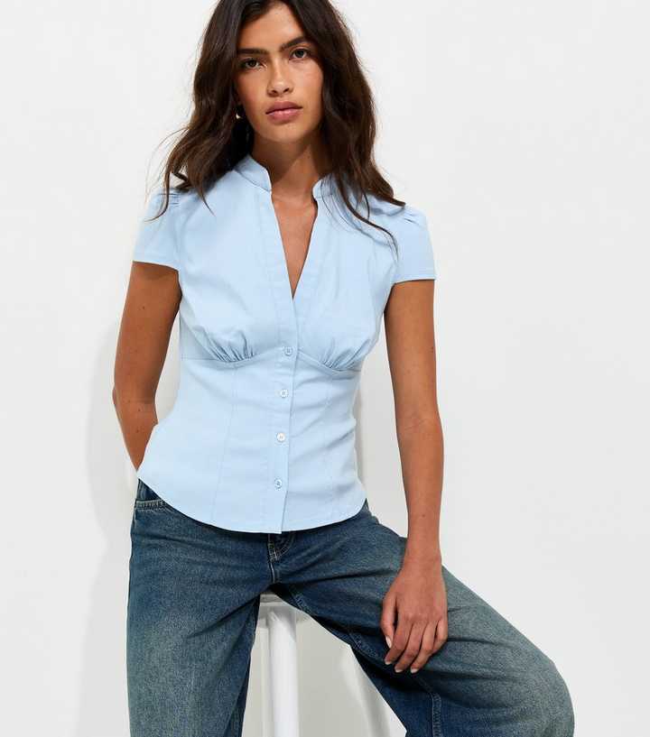 Light Blue Fitted Cap Sleeve Shirt