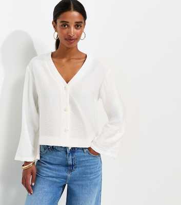 Cream Crinkle Texture V-Neck Shirt