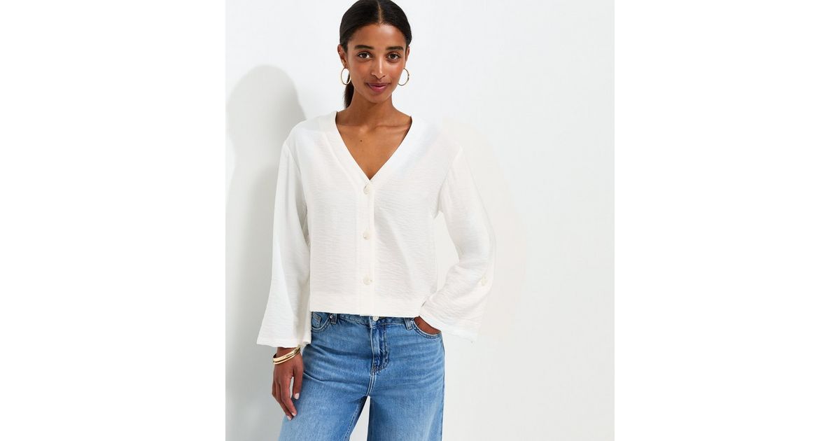 Cream Crinkle Texture V-Neck Shirt