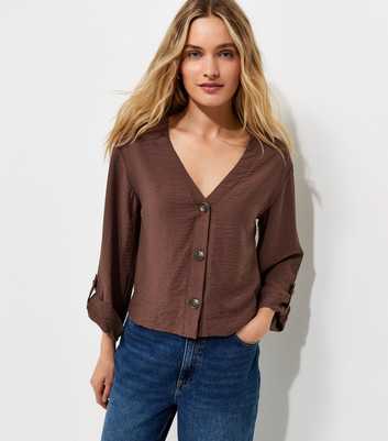 Dark Brown Crinkle Texture V-Neck Shirt