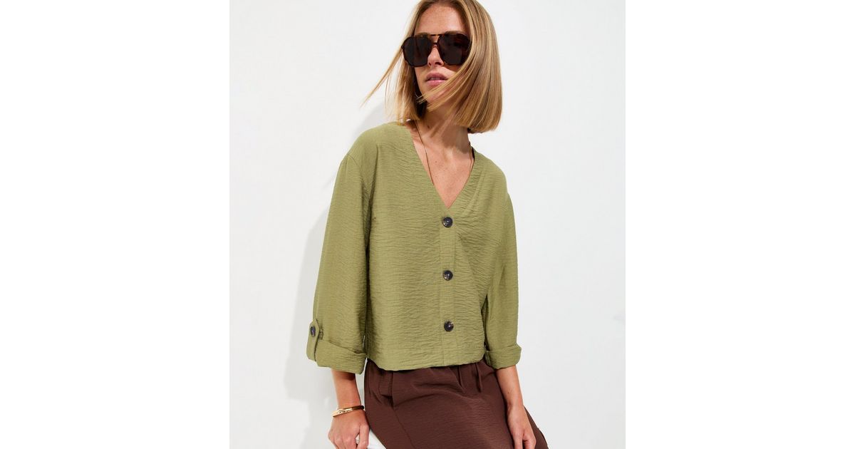 Dark Khaki Crinkle Texture V-Neck Shirt