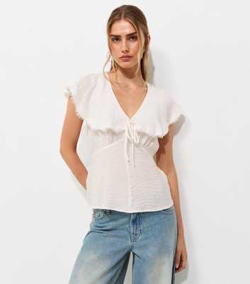 Cream Crinkled Lace Trim Ruffled Collar Blouse
