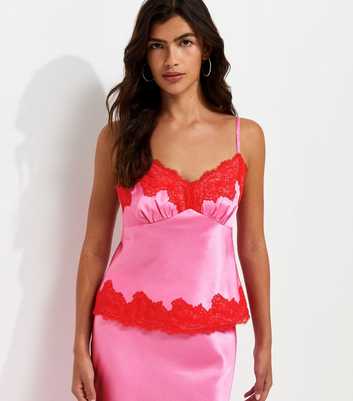 Bright Pink Satin Contrast Trim Lace Cami Top