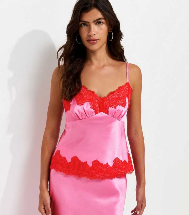 Bright Pink Satin Contrast Trim Lace Cami Top