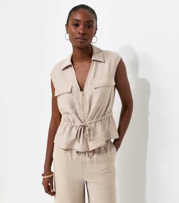 Stone Zip Front Drawstring Sleeveless Shirt