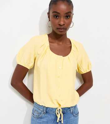 Light Yellow Button Drawstring Bubble Hem Blouse