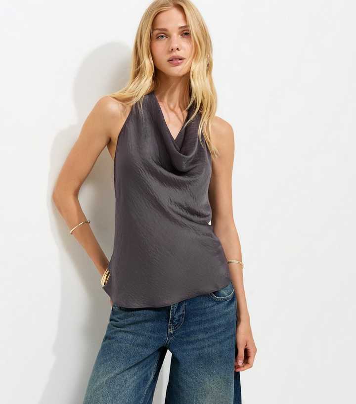 Grey Cowl Neck Satin Halter Top