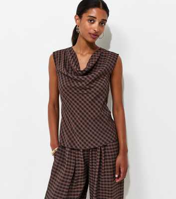 Brown Check Pattern Cowl Neck Woven Top