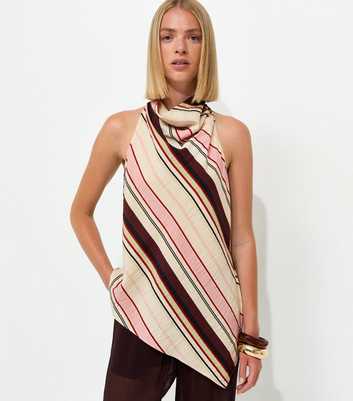 Pink Crinkle Texture Diagonal Stripe Cowl Neck Halter Top
