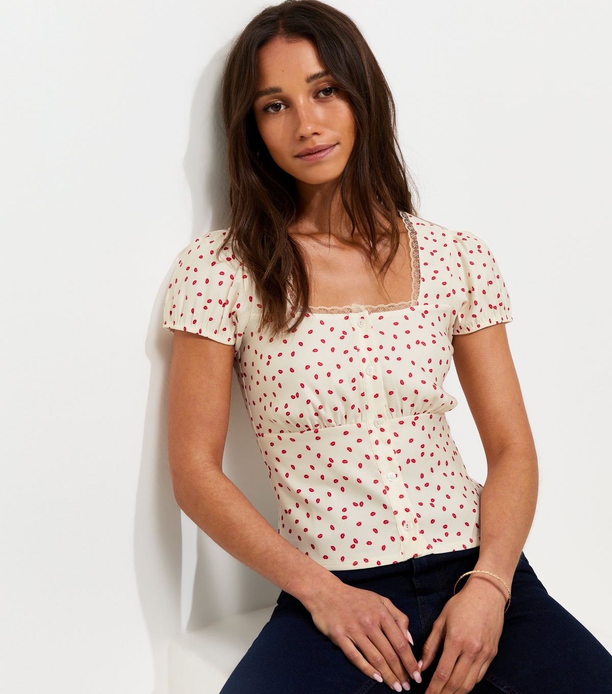 Women's Cream Lips Print Lace Trim Milkmaid Top New Look