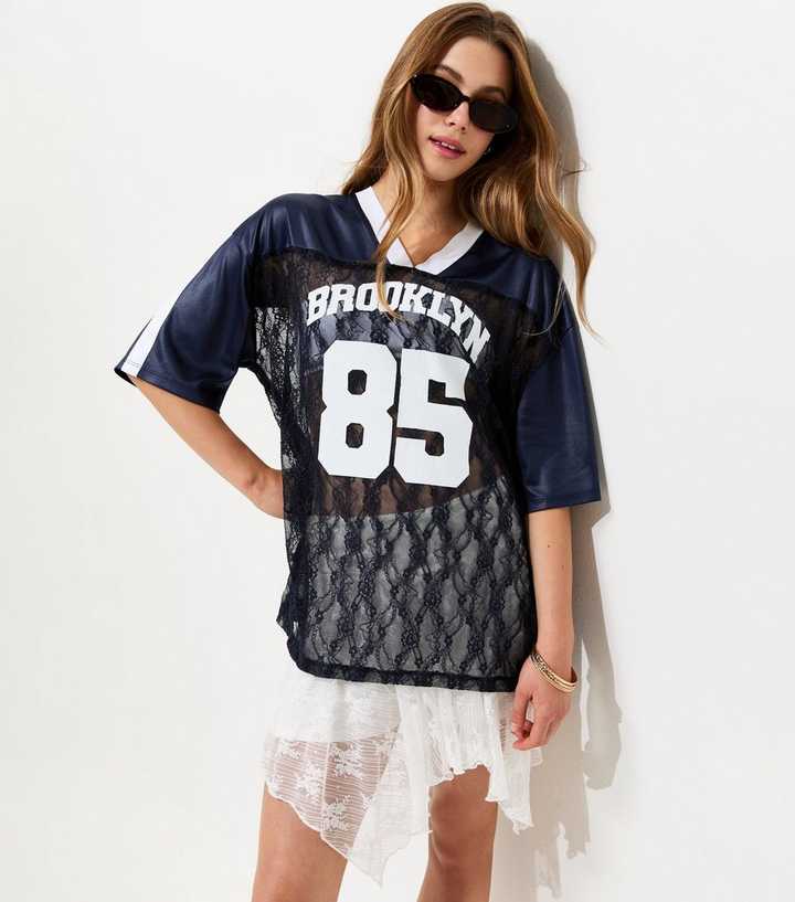 Girls Navy Lace Longline Football Top