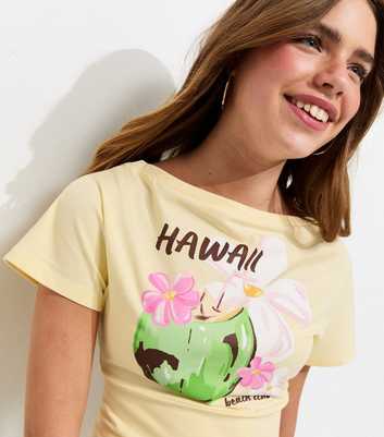 Girls Light Yellow Hawaii Print Cinched Waist T-Shirt
