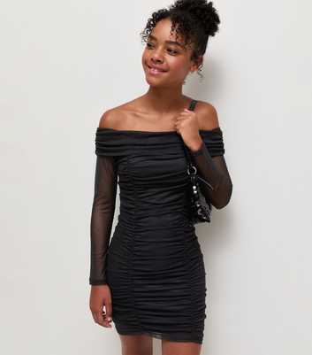 Girls Black Mesh Bardot Long Sleeve Mini Dress