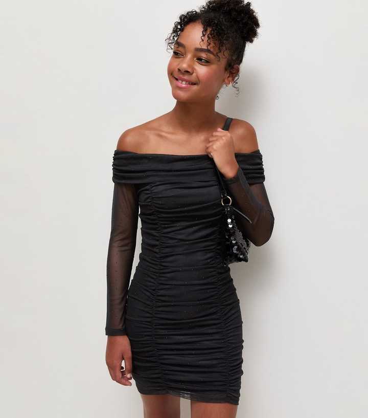 Girls Black Mesh Bardot Long Sleeve Mini Dress