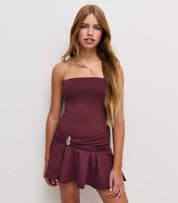 Girls Dark Burgundy Bandeau Sash Waist Mini Dress