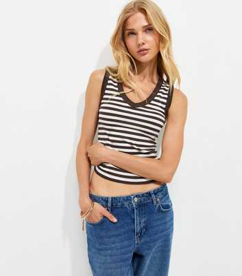 Brown Cotton Rich Striped V-Neck Tank Top