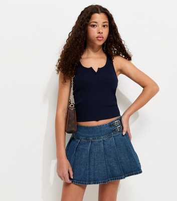 Girls Blue Cotton Pleated Denim Skort