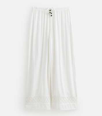 Petite White Crochet Trim Wide Leg Beach Trousers