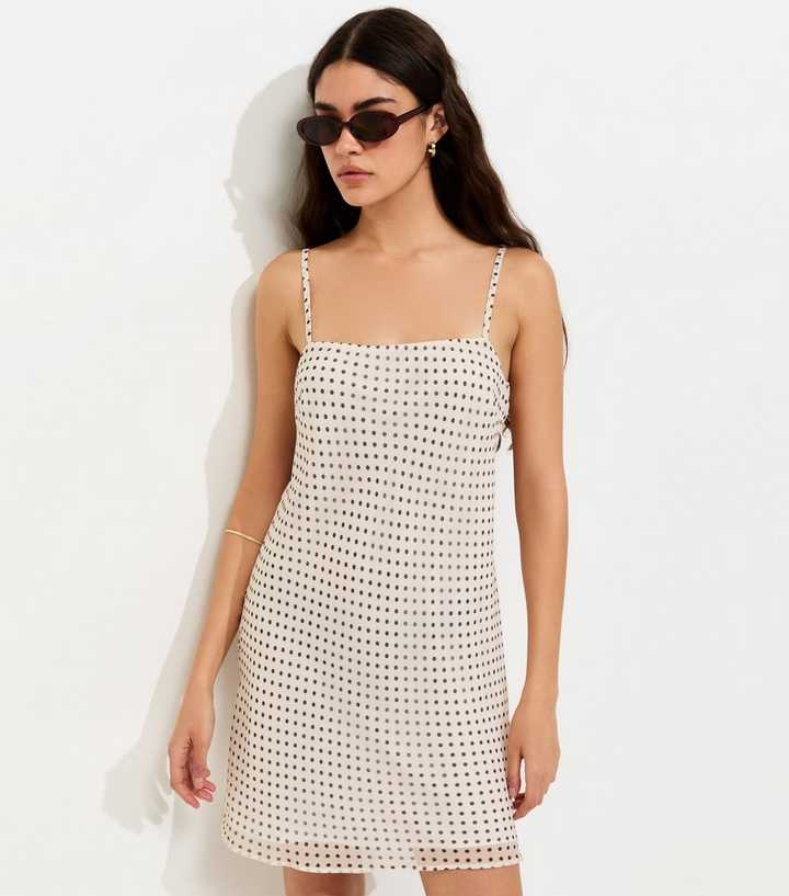 Cream Chiffon Polka Dot Strappy Mini Dress