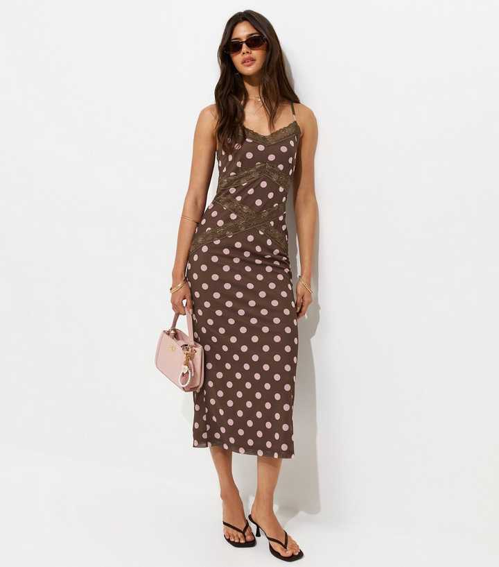 Brown Spot Print Lace Trim Mesh Midi Dress