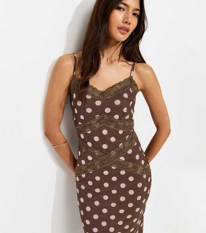 Brown Spot Print Lace Trim Mesh Midi Dress | New Look