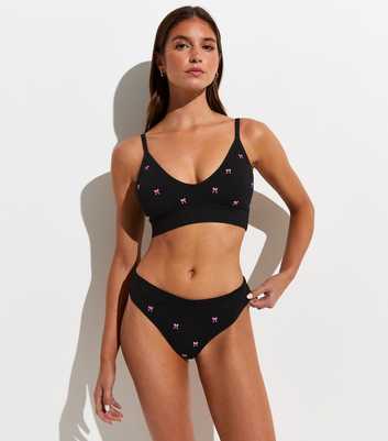 Black Bow Embroidered Ribbed Seamless Thong