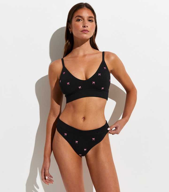 Black Bow Embroidered Ribbed Seamless Thong